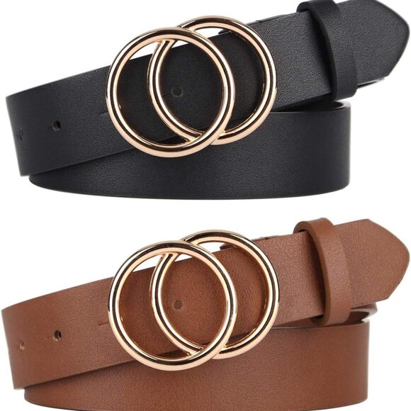 Handbags - Women Belts Faux Leather Pack 2 O-Ring Buckle for Jeans Casual Formal